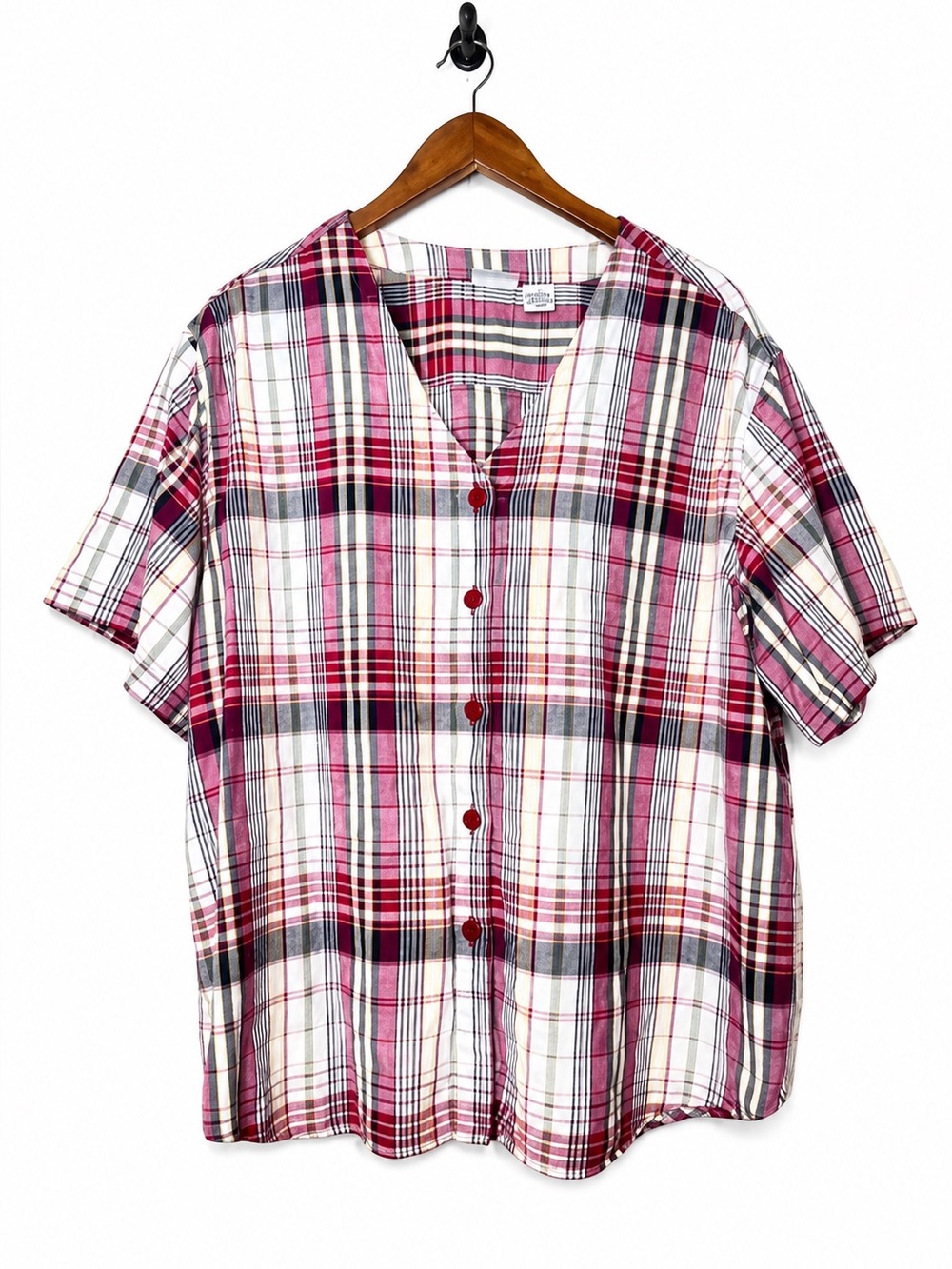 Carolina Colours Women’s 22W Plaid Cotton Short Sleeve Button Front Top